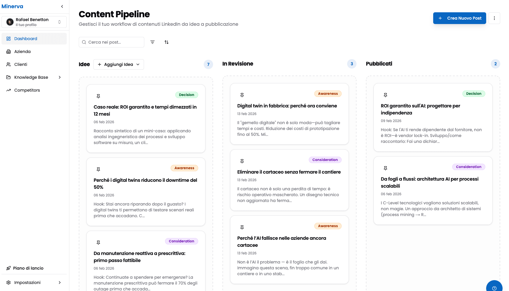 Preview of Minerva's LinkedIn content generation interface
